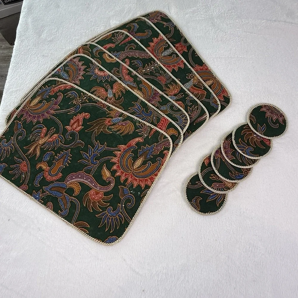 Vintage Indonesian Batik Placemats Coasters Set 12 Woven Rattan Boho Green Set